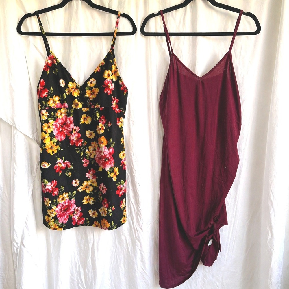 2XL Dresses Set Y2K Coquette Floral Dress + Burgundy Satin Side Tie Cottagecore